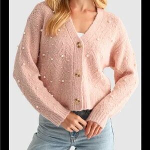 🩷NWT Lush Pastel Pink Pearl-Embellished Cardigan Sweater SM🩷